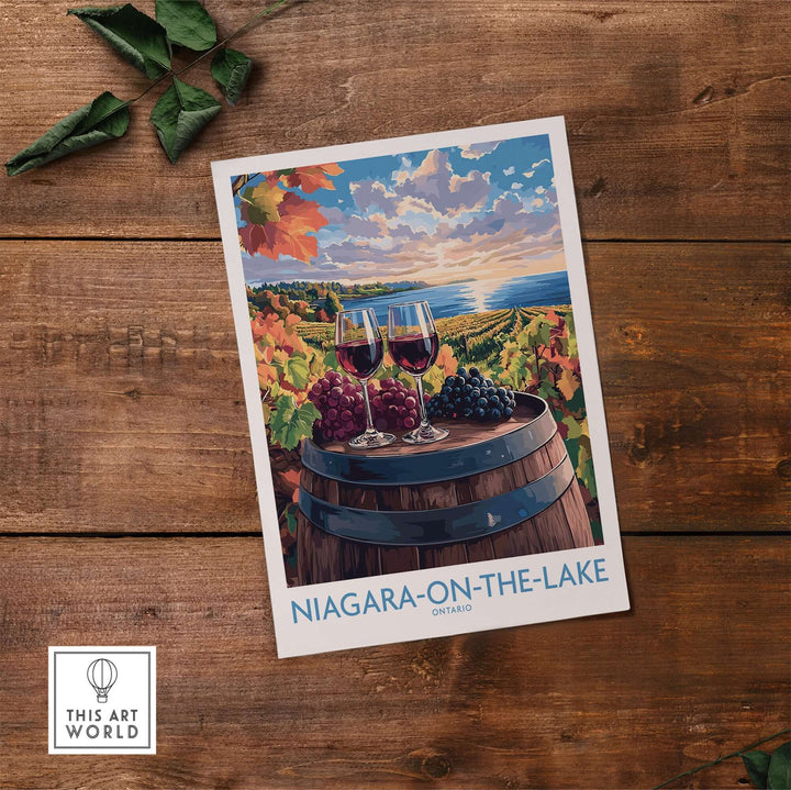 Niagara-on-the-Lake travel poster featuring vineyards and wine glasses on a wooden barrel, evoking charm and tranquility.