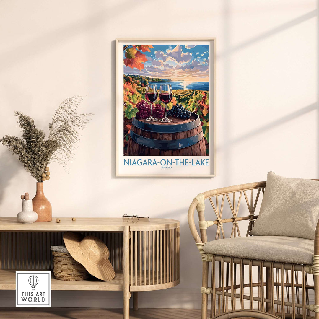 Niagara-on-the-Lake travel poster showcasing vineyards and wine glasses, perfect home decor for a tranquil ambiance.