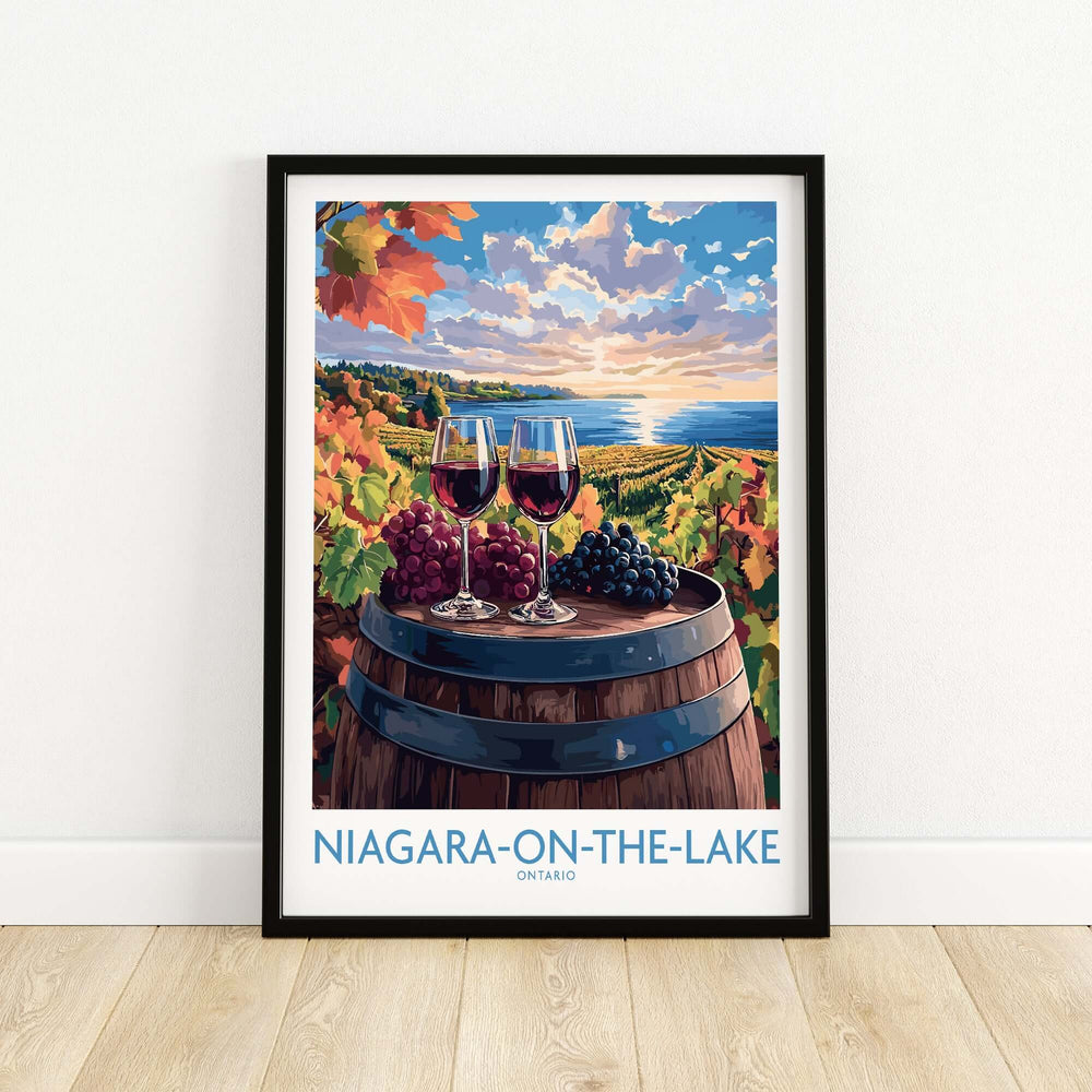 Niagara-on-the-Lake travel poster featuring wine glasses, grapes, and vineyards at sunset, perfect for home decor.