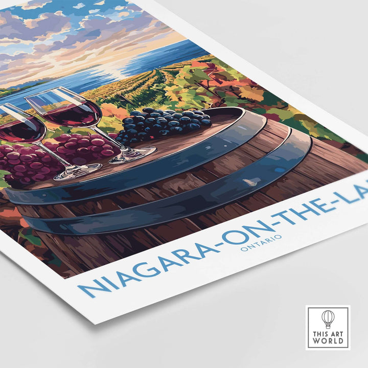 Niagara-on-the-Lake travel poster featuring vineyards and wine glasses, evoking charm and tranquility of the Ontario region.