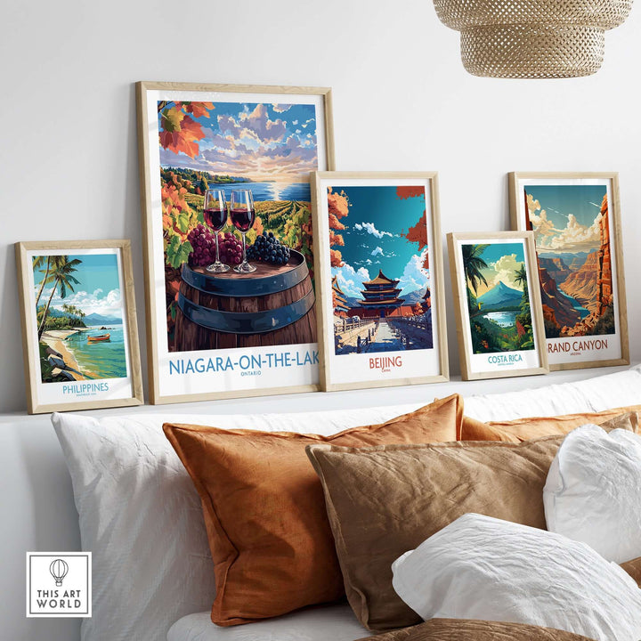 Niagara-on-the-Lake travel poster displayed among other travel posters on a modern shelf.