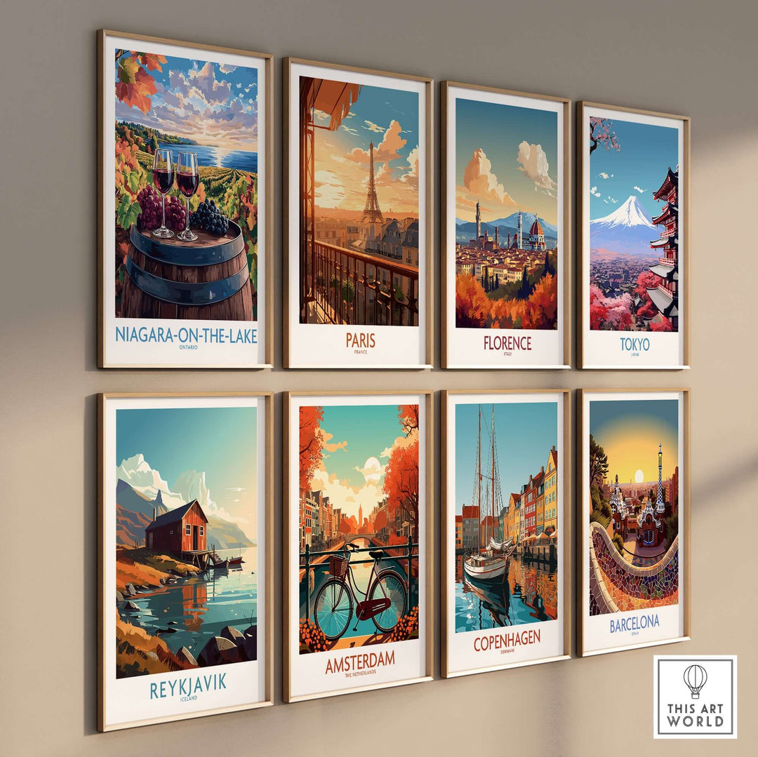 Colorful travel posters of various cities including Niagara-on-the-Lake, Paris, and Tokyo on a wall.