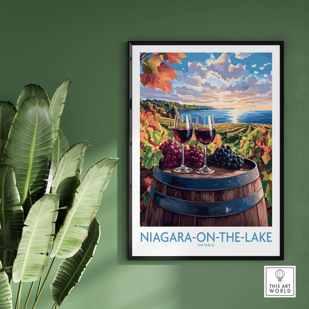 Niagara-on-the-Lake travel poster showcasing vineyards, wine glasses, and a sunset over the picturesque landscape.