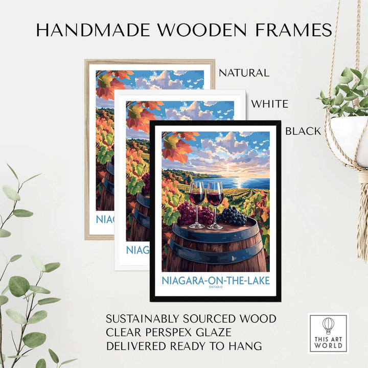 Handmade wooden frames in natural, white, and black colors for Niagara-on-the-Lake travel poster.