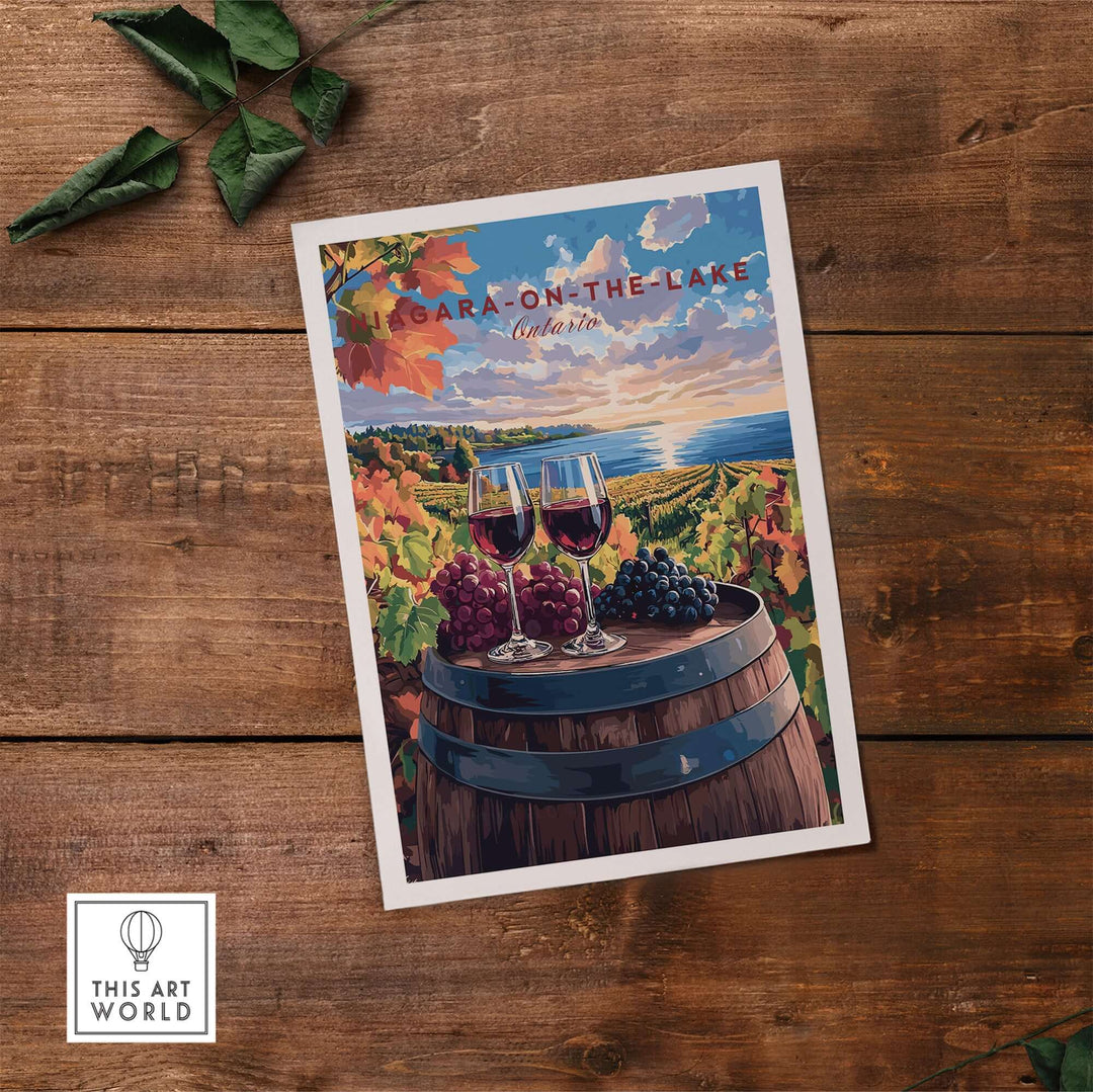 Niagara-on-the-Lake travel print showcasing vineyards and wine glasses on a wooden barrel, perfect for home décor.