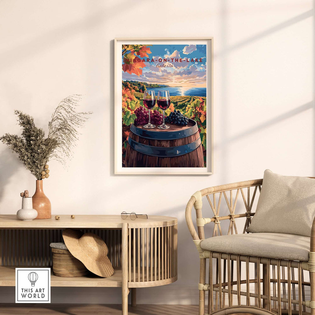 Beautiful Niagara-on-the-Lake travel print showcasing vineyards and wine glasses in a cozy décor setting.