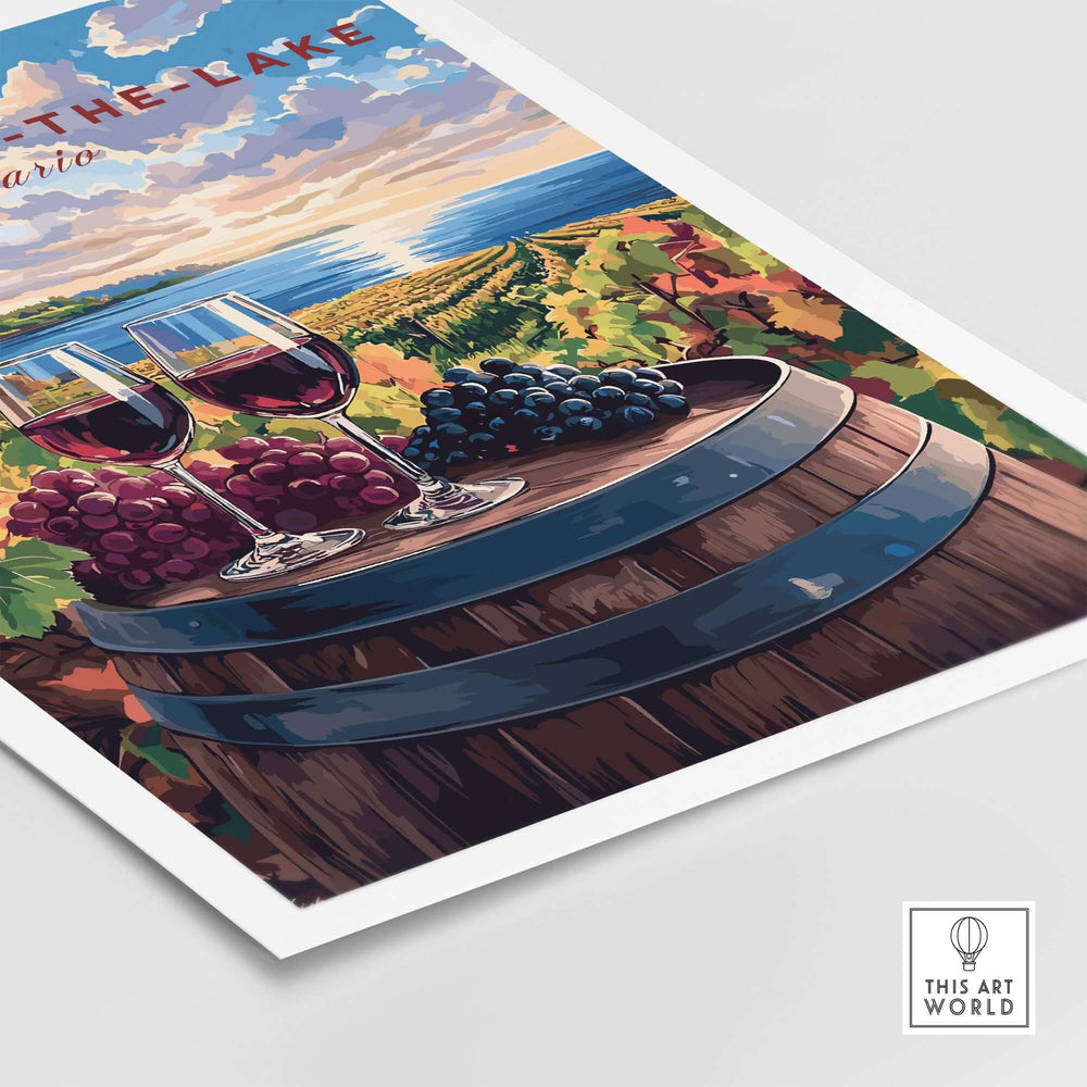 Niagara-on-the-Lake travel print showcasing a scenic vineyard with wine glasses and grapes on a barrel.