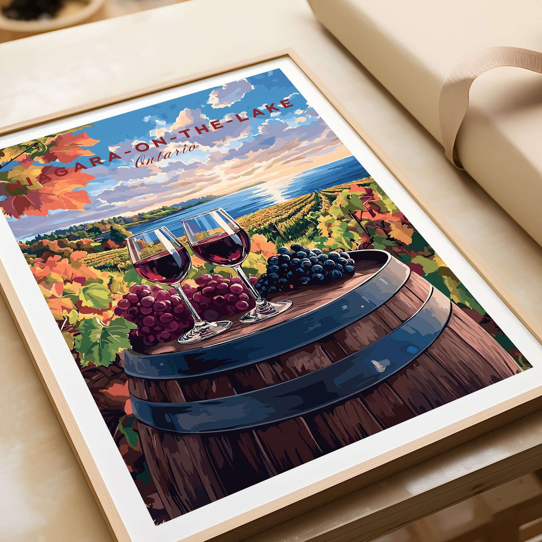 Niagara-on-the-Lake travel print showcasing lush vineyards, wine glasses, and scenic sunset, perfect for home décor.