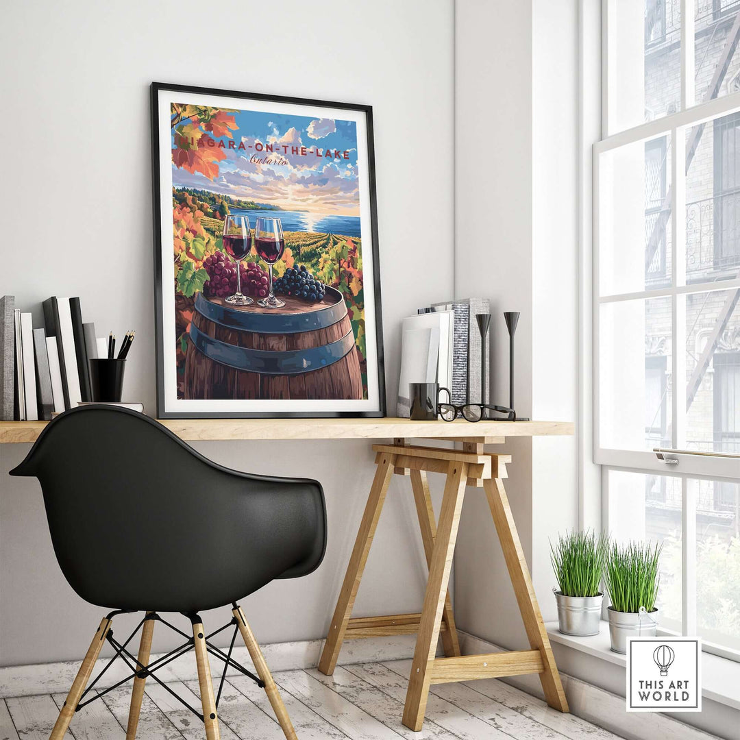 Niagara-on-the-Lake travel print featuring vineyards and wine glasses at a stylish workspace.