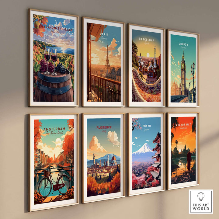 Gallery wall of travel prints featuring cities like Paris, Barcelona, and Florence, showcasing iconic landmarks and scenic views.