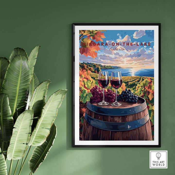 Niagara-on-the-Lake travel print featuring vineyards, wine glasses, and a scenic lake view, perfect for home décor.