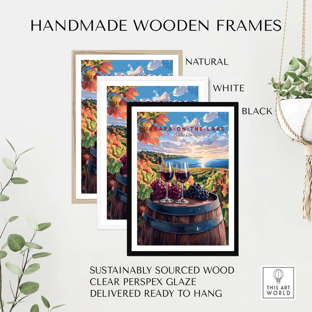 Handmade wooden frames for Niagara-on-the-Lake travel print, available in natural, white, and black finishes.