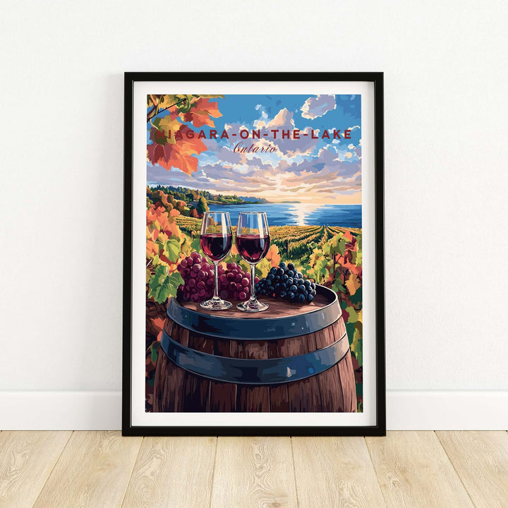 Niagara-on-the-Lake travel print featuring vineyards, wine glasses, and grapes, perfect for home decor.