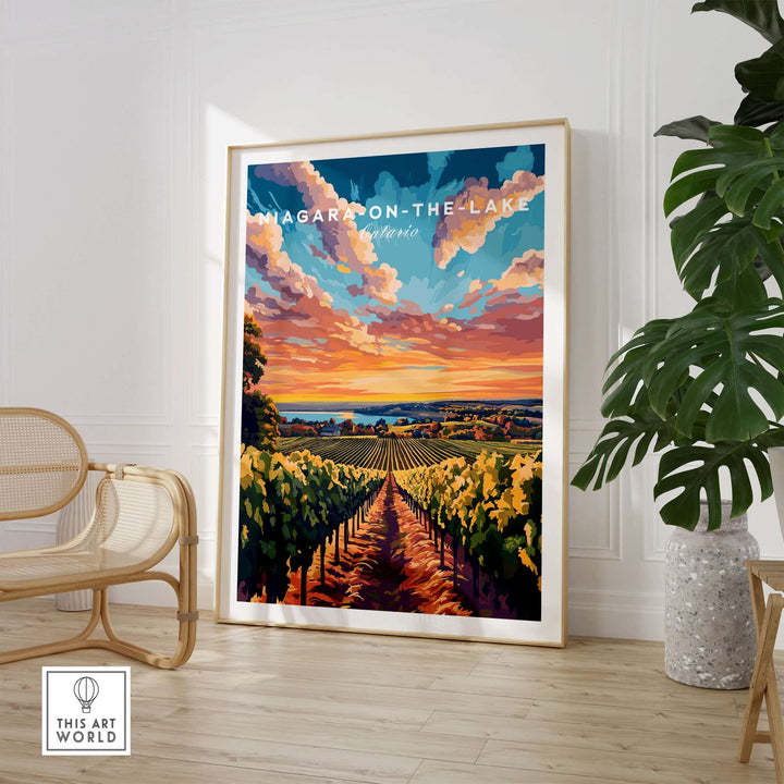 Stunning Niagara-on-the-Lake wall art featuring vibrant vineyards and a colorful sunset.