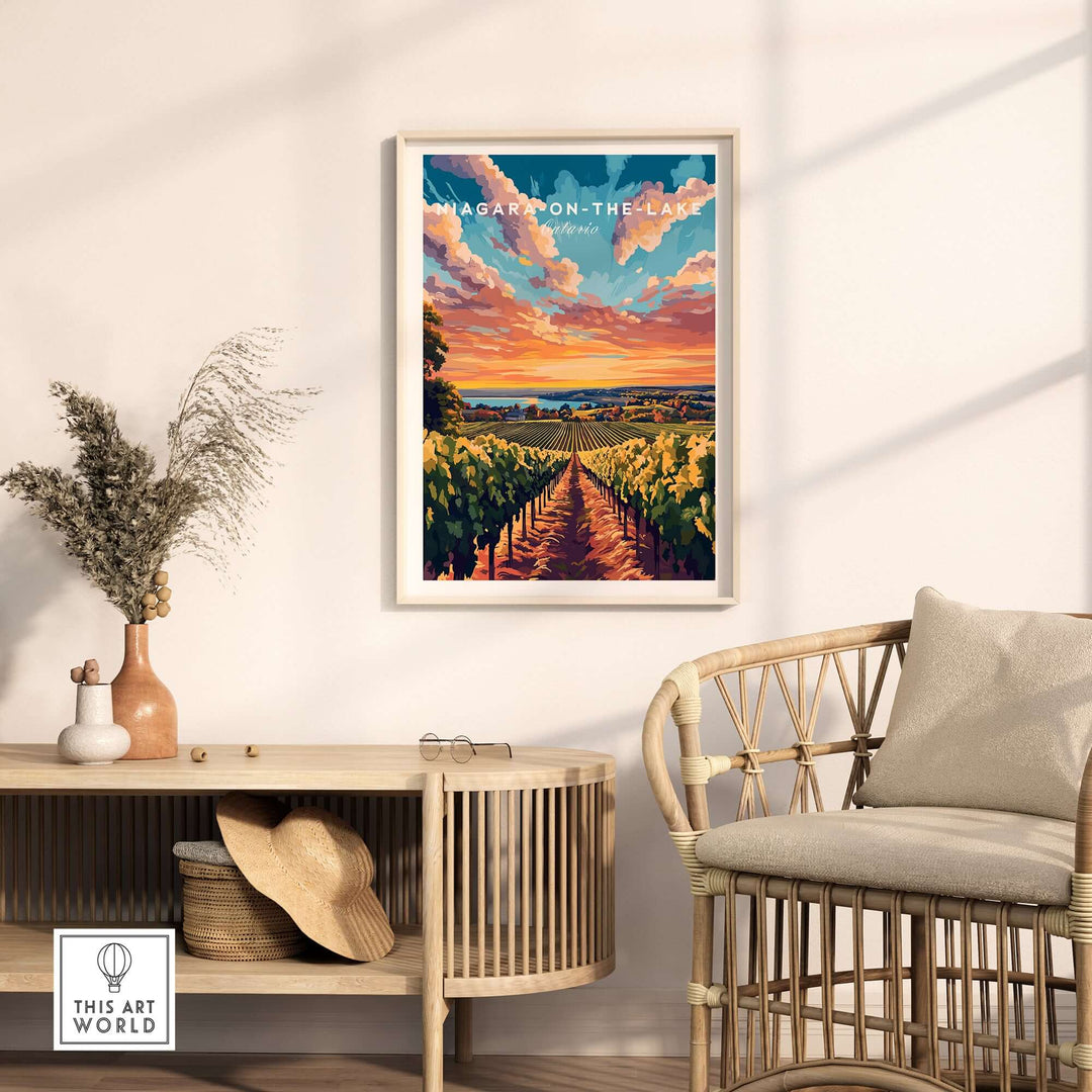 Niagara-on-the-Lake wall art featuring vibrant sunset over vineyards, enhancing home decor with natural beauty.