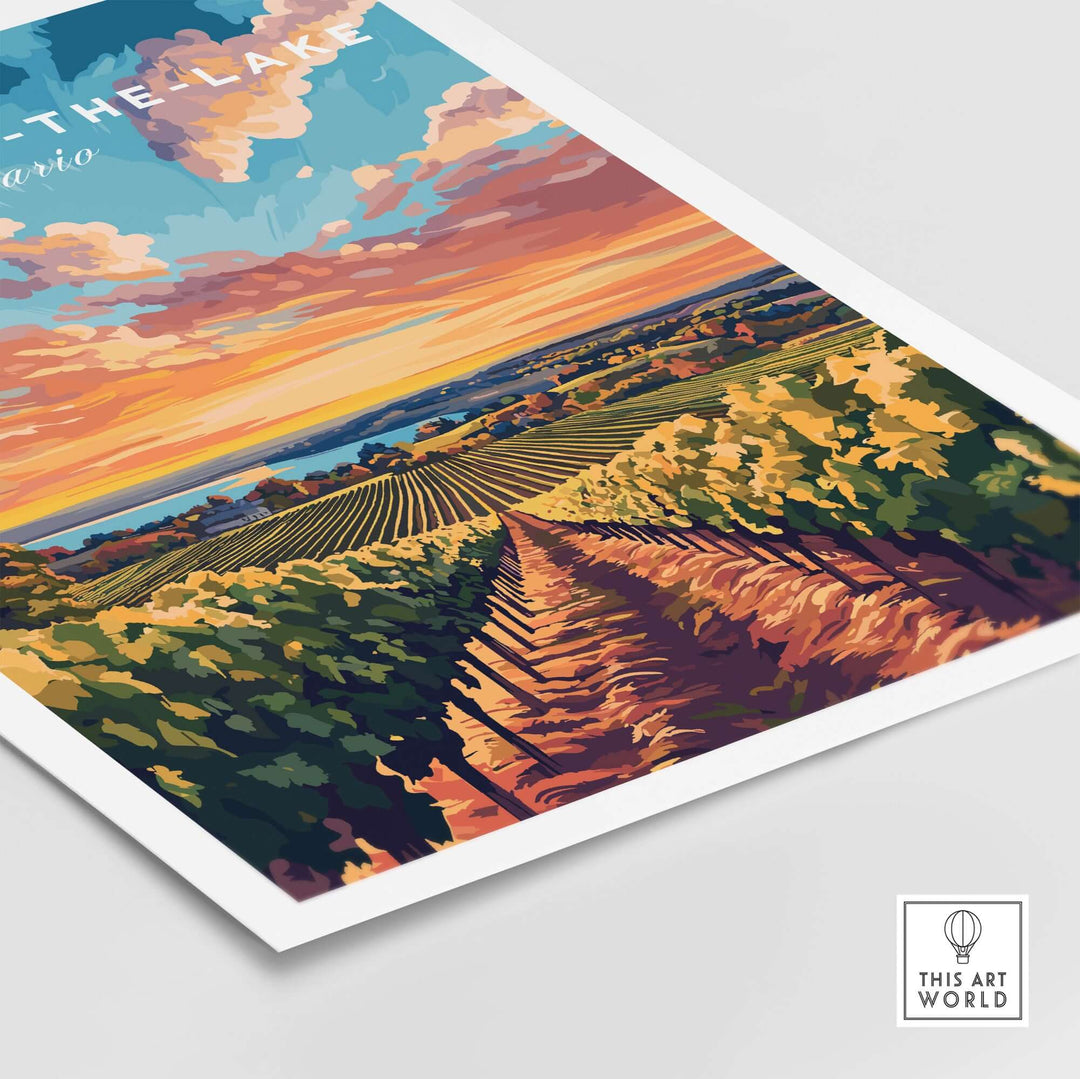 Stunning Niagara-on-the-Lake wall art featuring vineyards and a vibrant sunset.