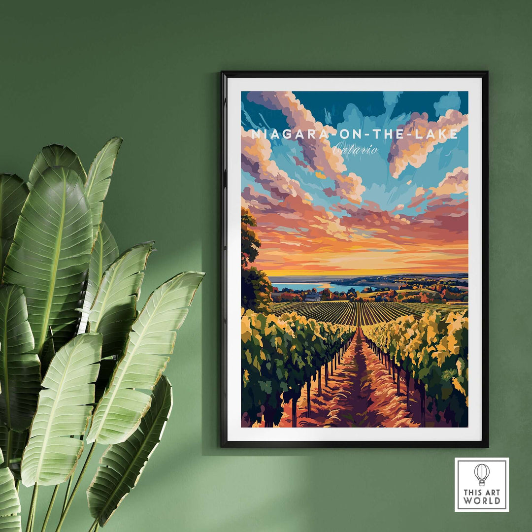 Vibrant Niagara-on-the-Lake wall art depicting vineyards and sunset, enhancing any home decor with natural elegance.