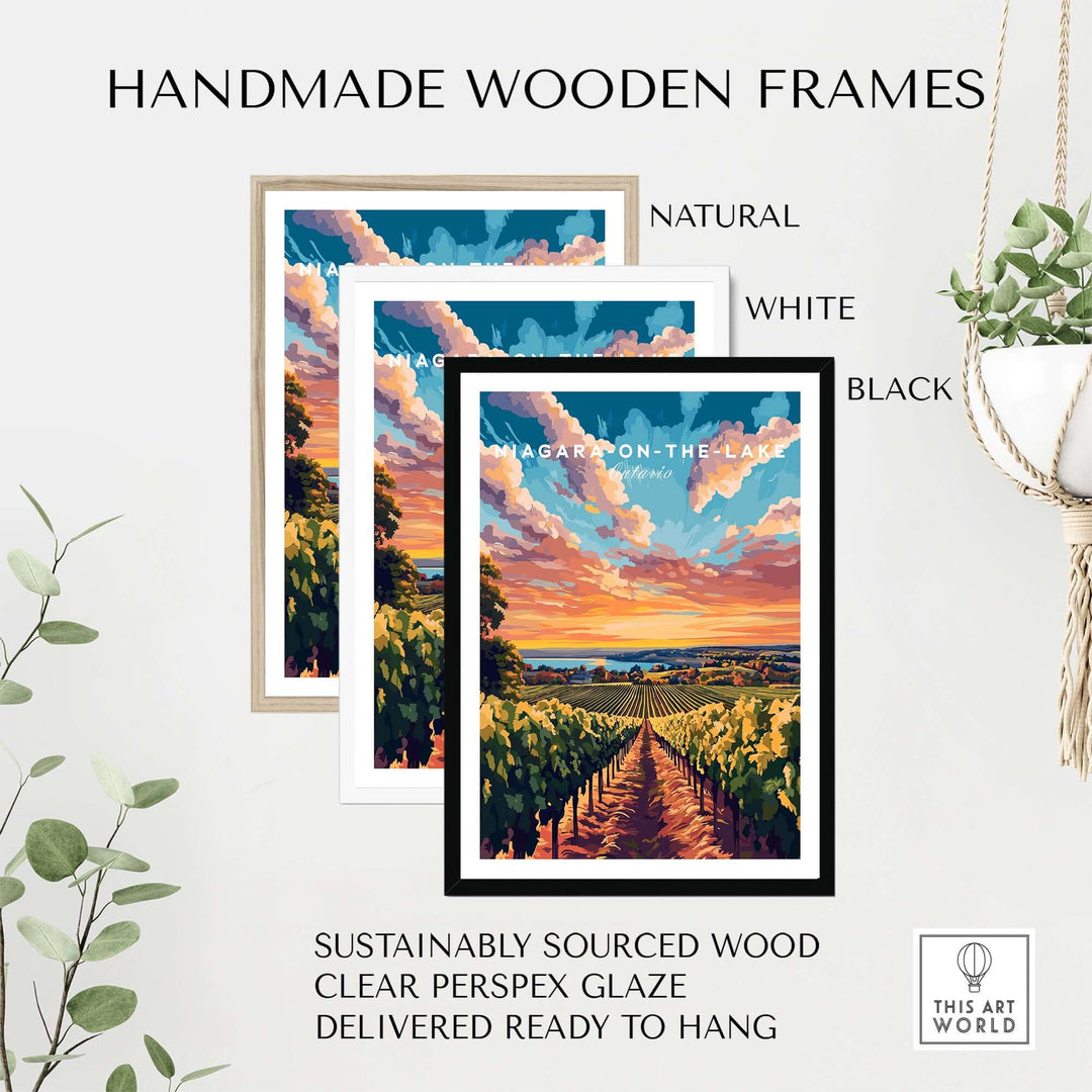 Handmade wooden frames for Niagara-on-the-Lake wall art in natural, white, and black, featuring vibrant vineyard sunset.