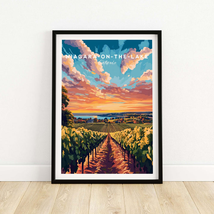 Vibrant Niagara-on-the-Lake wall art featuring vineyards under a colorful sunset.