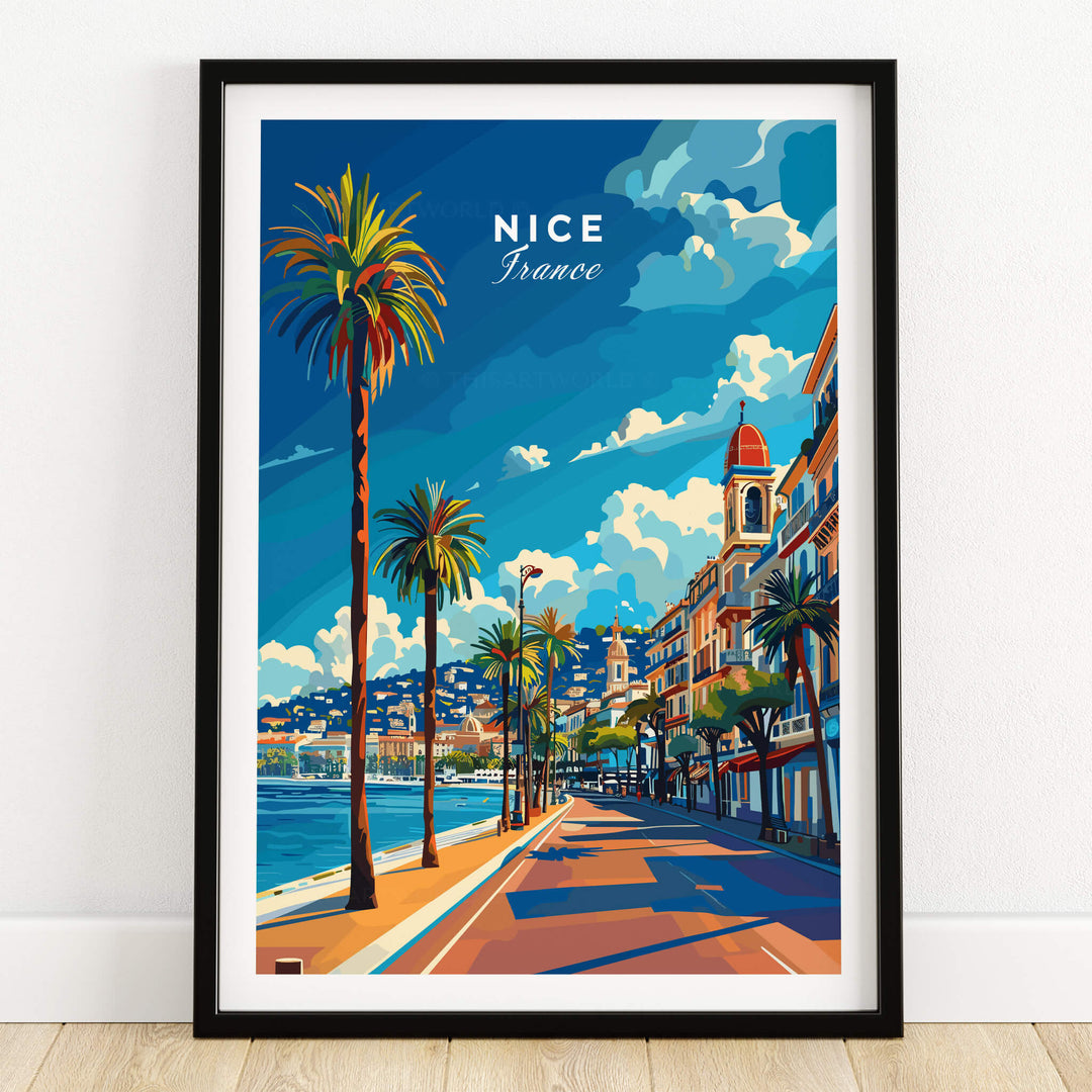 Nice Travel Print - France featuring a vibrant illustration of the Promenade des Anglais in Nice.