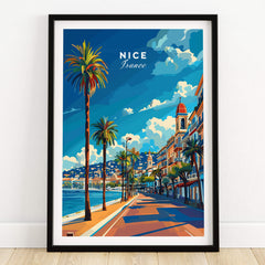Nice Travel Print - France featuring a vibrant illustration of the Promenade des Anglais in Nice.
