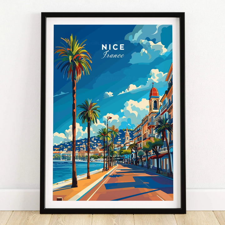 Nice Travel Print - France featuring a vibrant illustration of the Promenade des Anglais in Nice.
