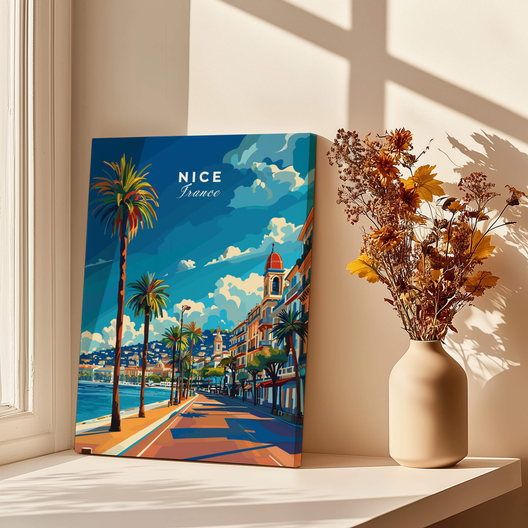 Nice Travel Print - France showcasing the Promenade des Anglais with vibrant colors and palm trees.