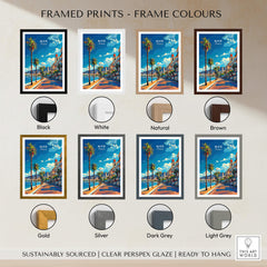 Framed prints of Nice Travel Print - France in various frame colors like black, white, natural, and brown.