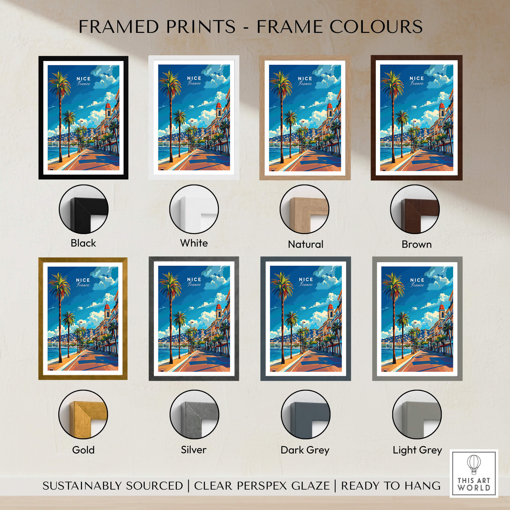 Framed prints of Nice Travel Print - France in various frame colors like black, white, natural, and brown.