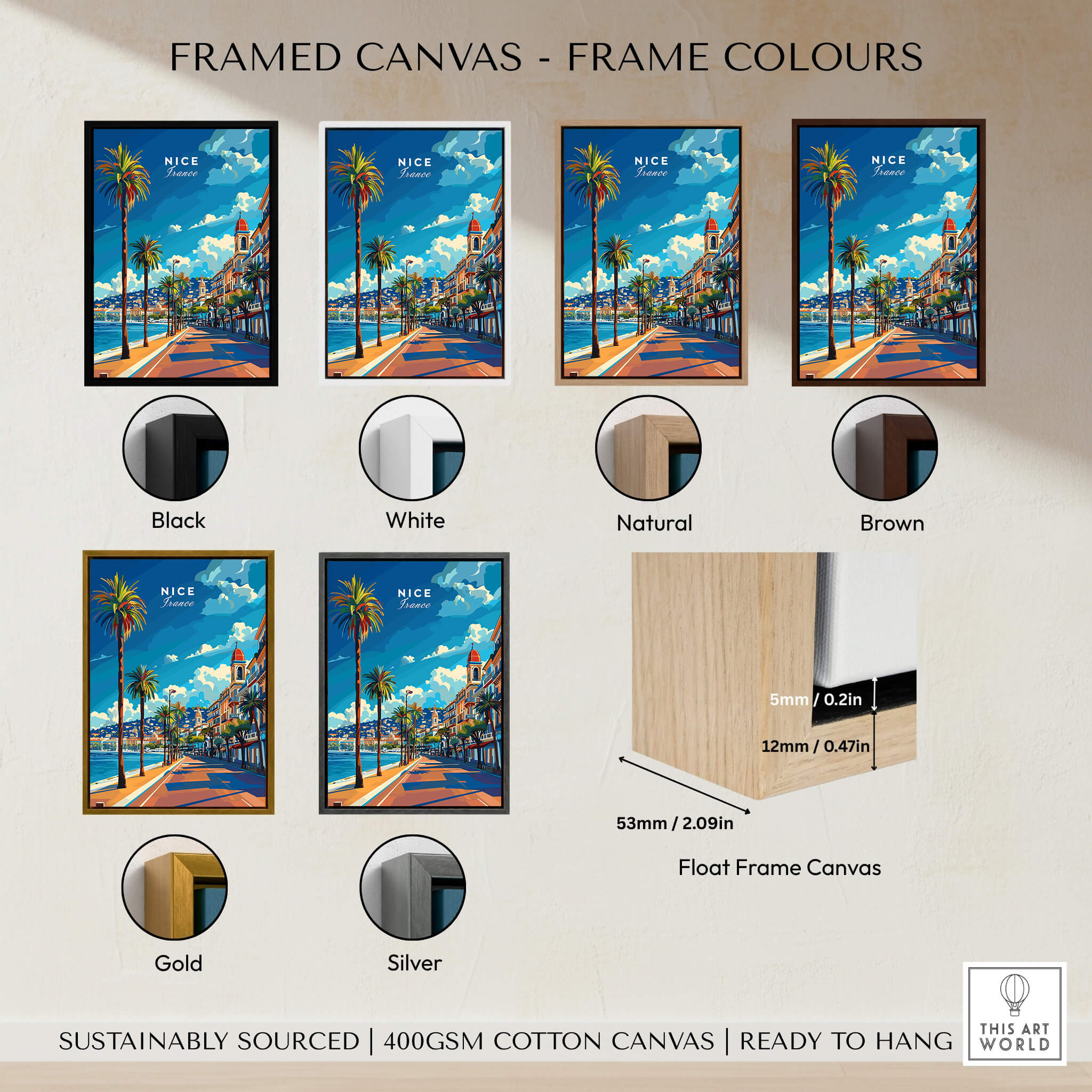Nice Travel Print - France framed in various colors including black, white, natural, brown, gold, and silver.