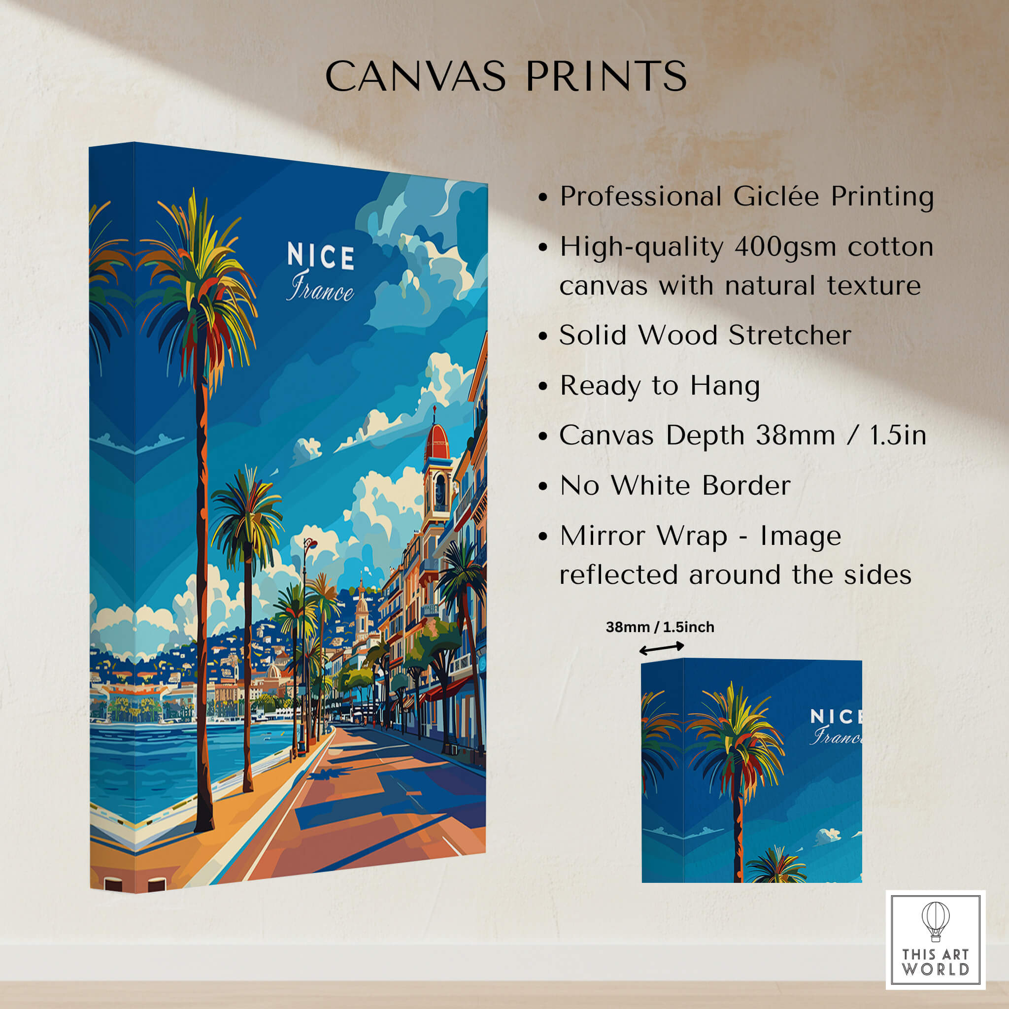 Nice Travel Print - France showcasing vibrant art of Promenade des Anglais and palm trees in Nice.