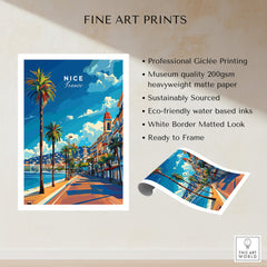 Nice Travel Print - France showcasing vibrant Côte d'Azur scene with palm trees and Promenade des Anglais.