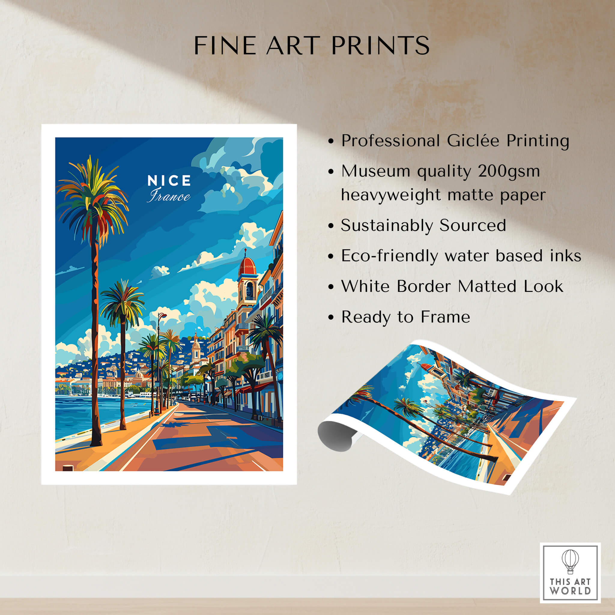 Nice Travel Print - France showcasing vibrant Côte d'Azur scene with palm trees and Promenade des Anglais.