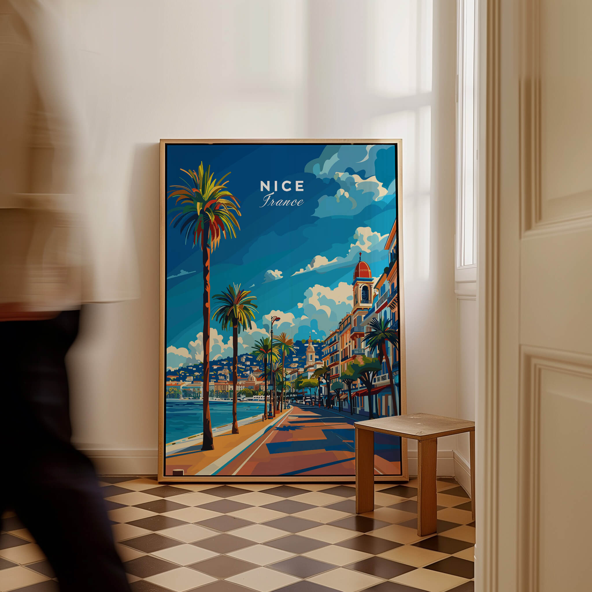 Nice Travel Print - France featuring the Promenade des Anglais and palm trees in a stylish interior setting.