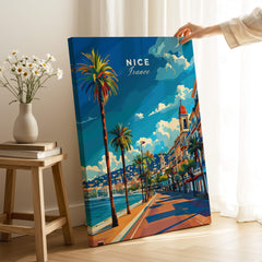 Nice Travel Print - France artistic depiction of Promenade des Anglais with vibrant colors and palm trees.