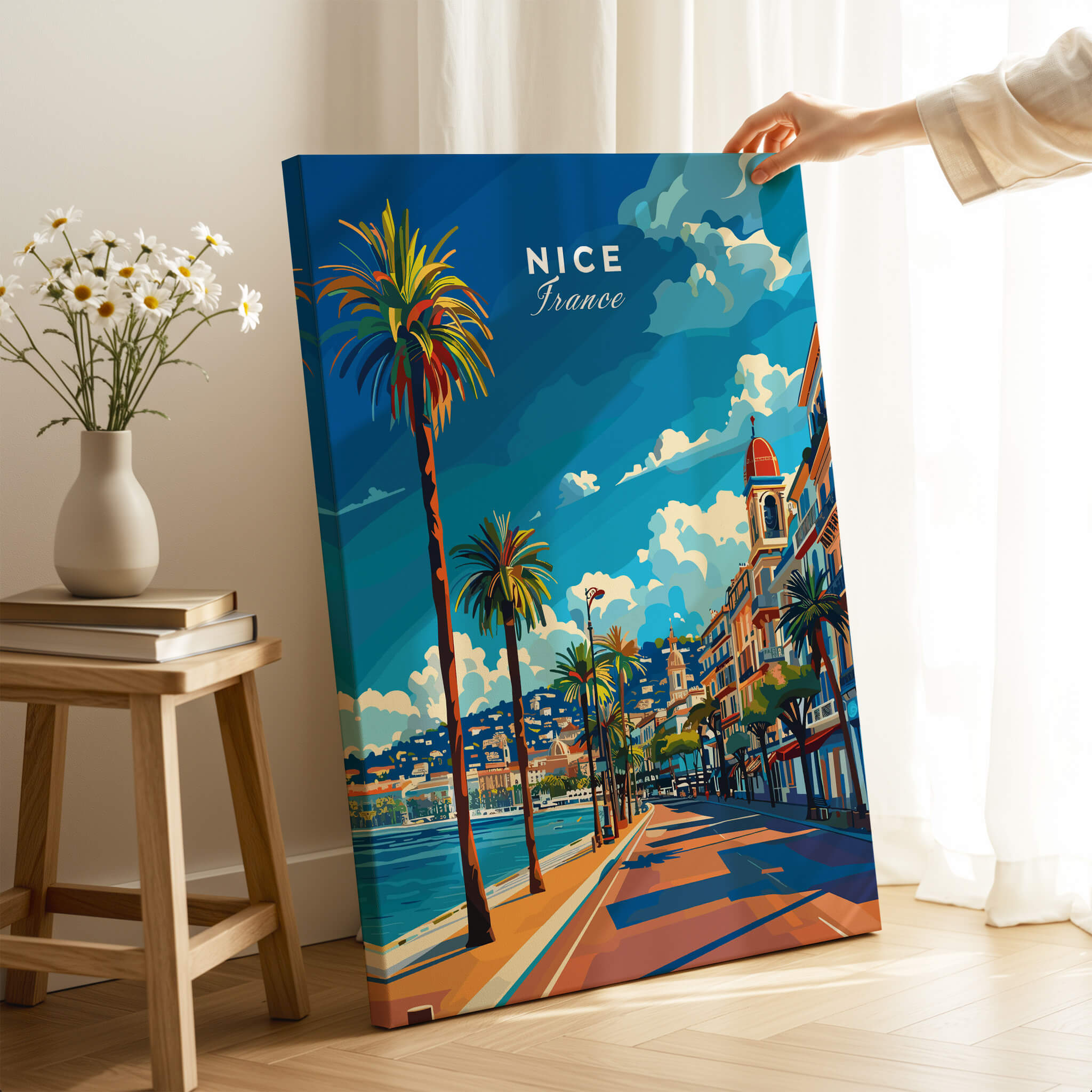 Nice Travel Print - France artistic depiction of Promenade des Anglais with vibrant colors and palm trees.