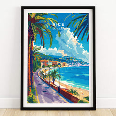 Nice Print - France vibrant travel poster showcasing the French Riviera coastline and palm trees.