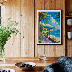 Nice Print - France beautiful poster of the French Riviera on a wooden wall, surrounded by plants and decor.