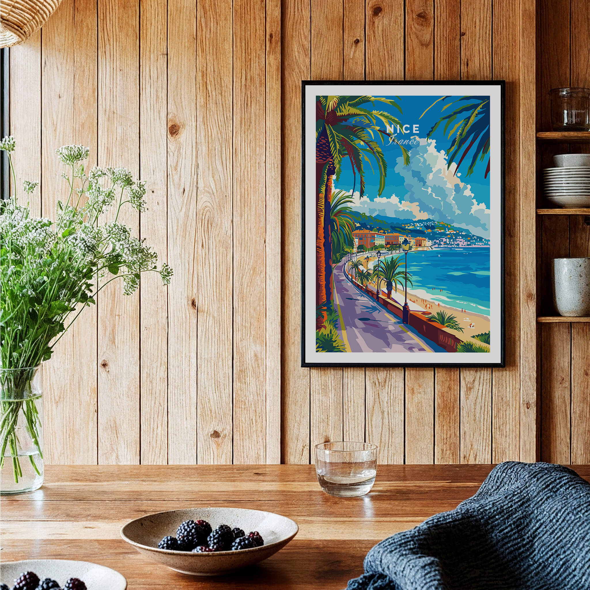 Nice Print - France beautiful poster of the French Riviera on a wooden wall, surrounded by plants and decor.