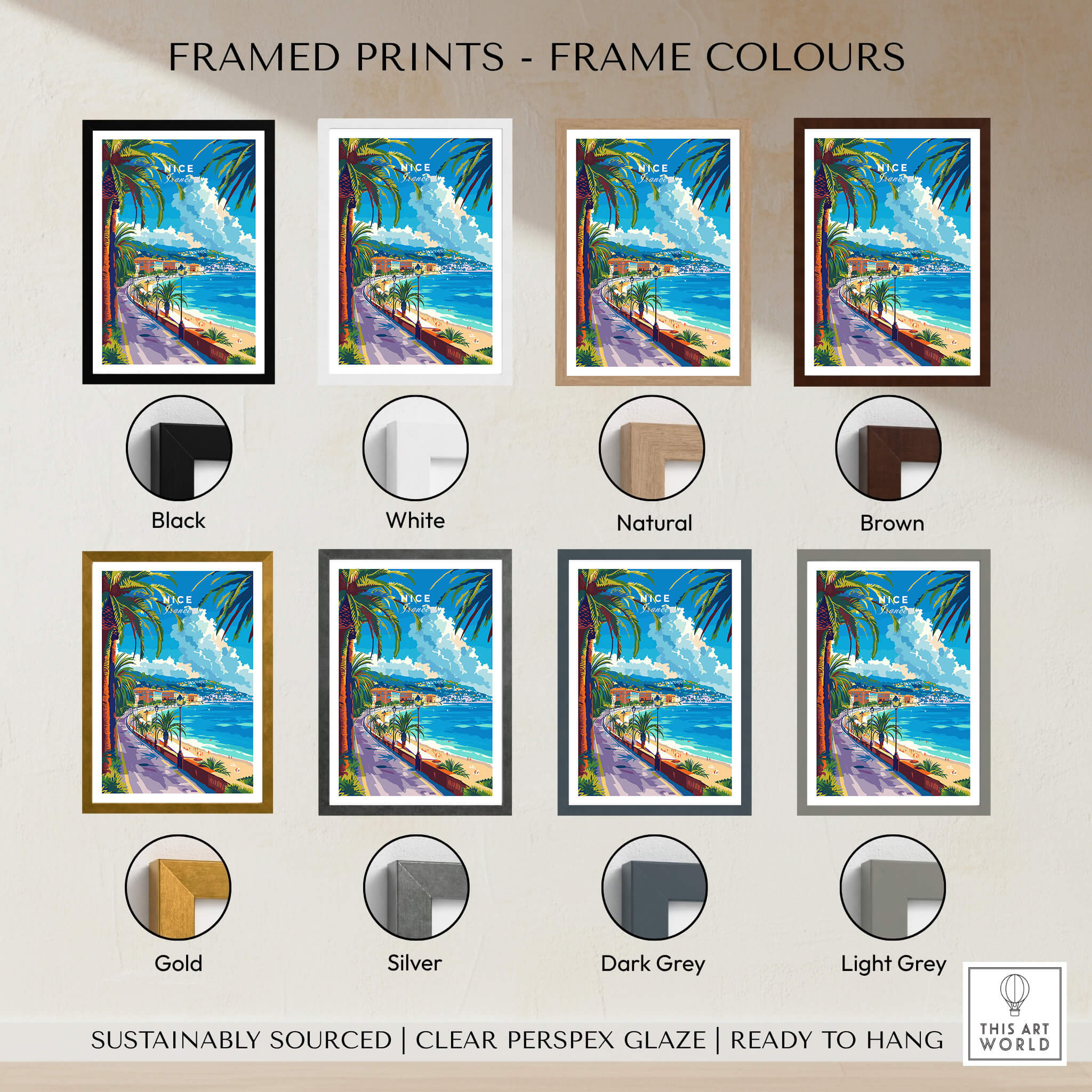Framed prints in various colors featuring Nice Print - France showcasing French Riviera landscapes.