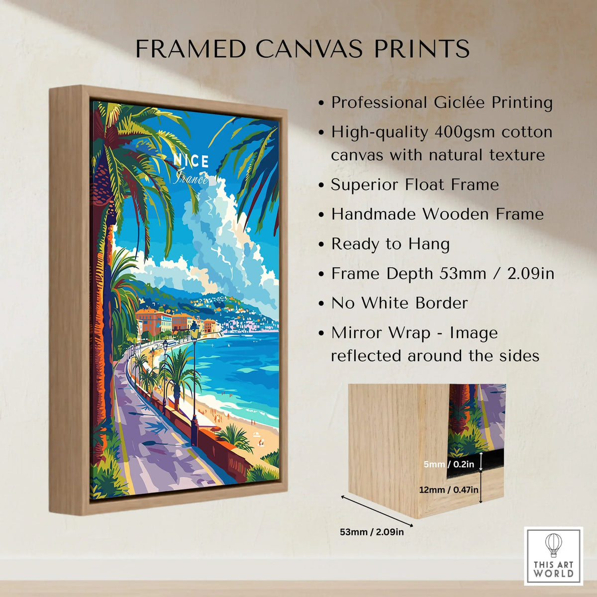 Nice Print - France framed canvas print showcasing the stunning French Riviera with handmade wooden frame.