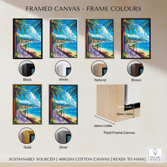 Framed canvas print in various frame colors including black, white, natural, brown, gold, and silver.