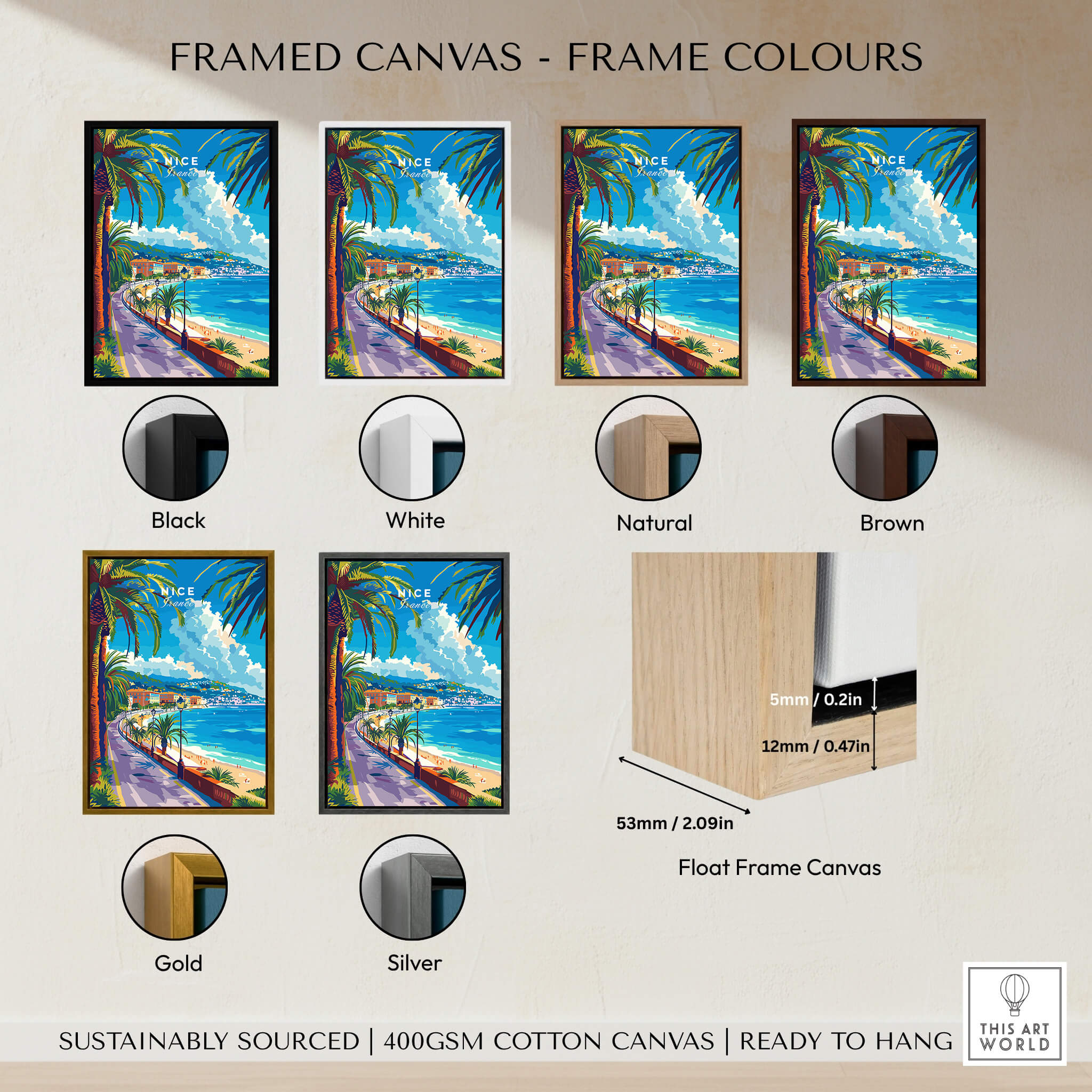 Framed canvas print in various frame colors including black, white, natural, brown, gold, and silver.