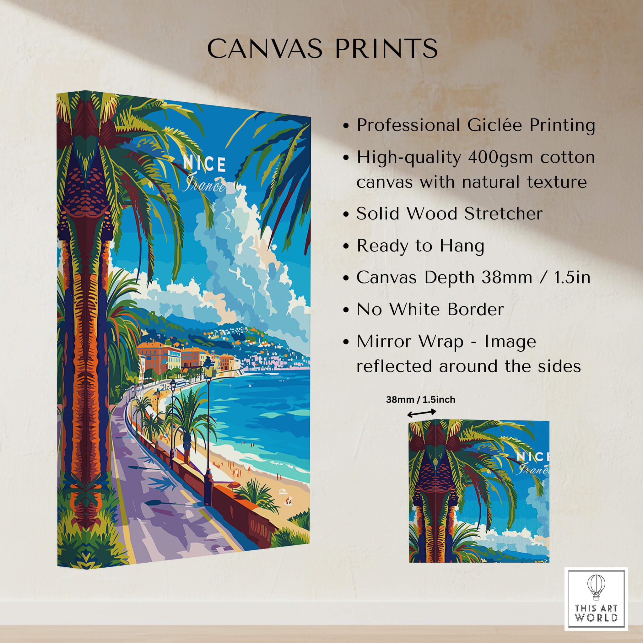 Nice Print - France canvas print featuring vibrant French Riviera scene with palm trees and coastal view.