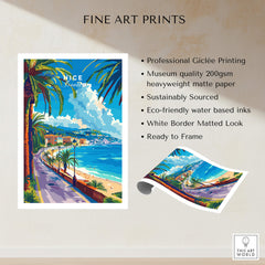 Nice Print - France featuring a colorful French Riviera scene with palm trees and coastal views, perfect for home decor.