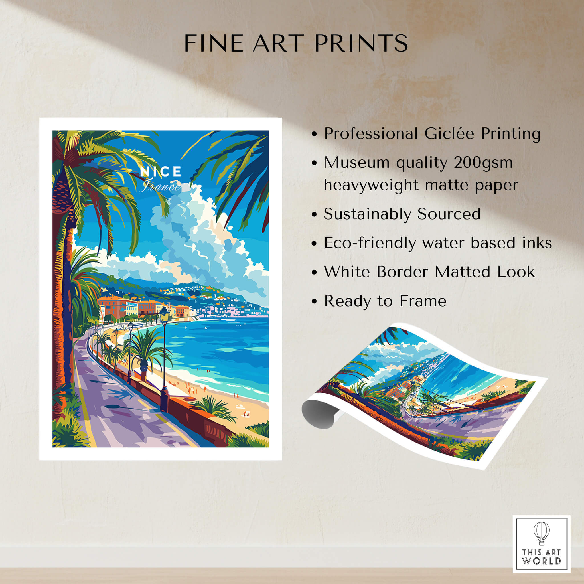 Nice Print - France featuring a colorful French Riviera scene with palm trees and coastal views, perfect for home decor.
