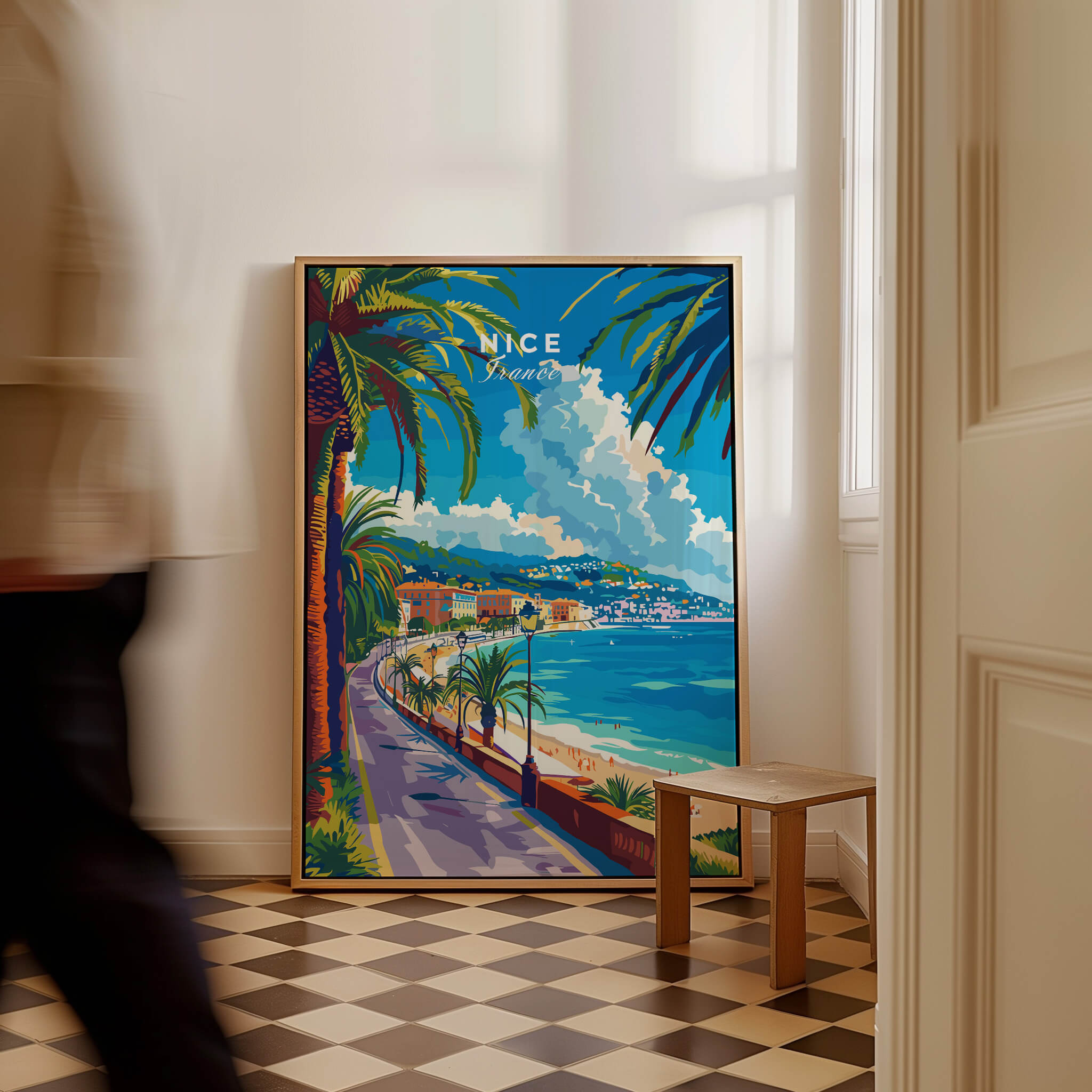 Nice Print - France poster showcasing the beautiful French Riviera with palm trees and coastline.