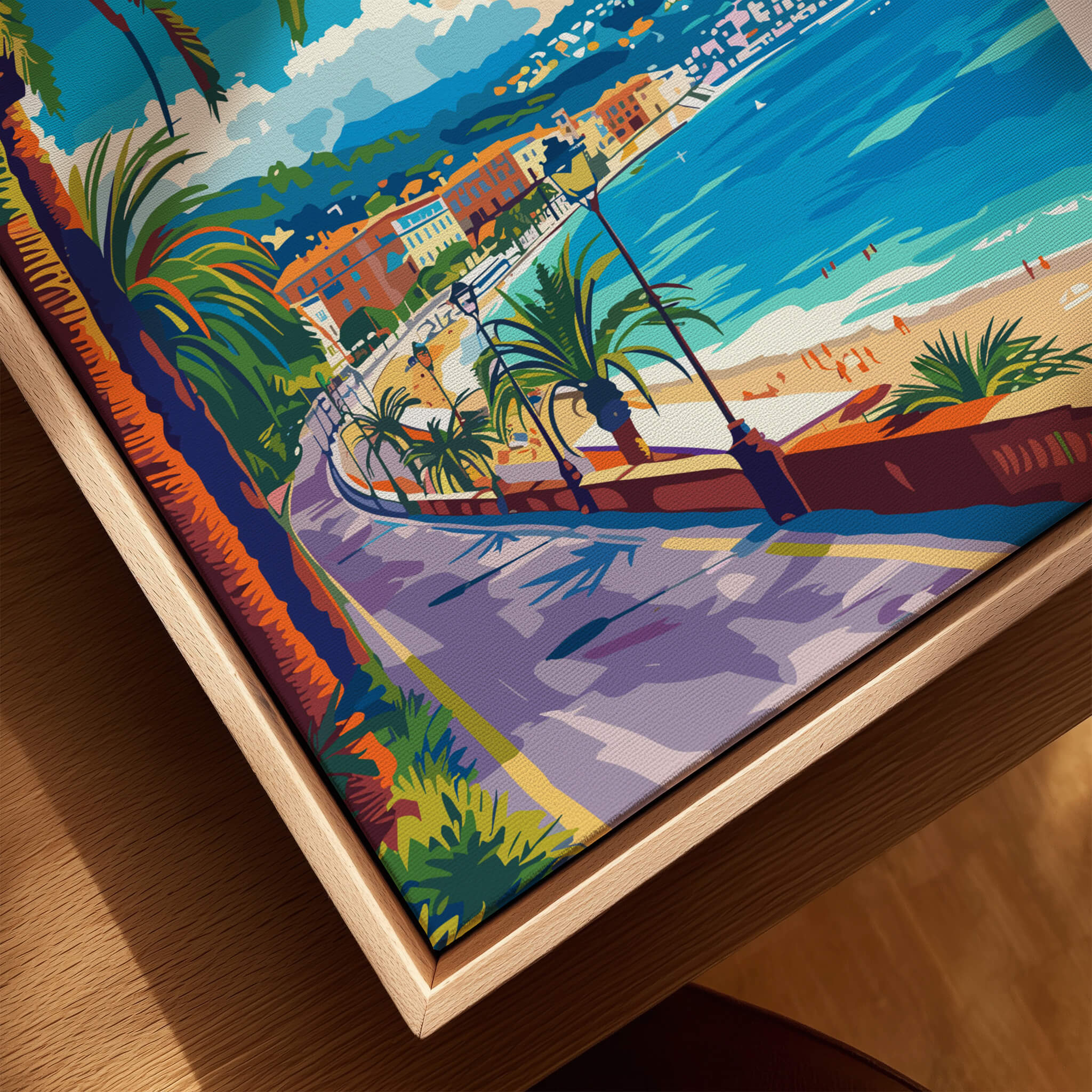 Nice Print - France vibrant travel poster of the French Riviera showcasing palm trees and the beach.