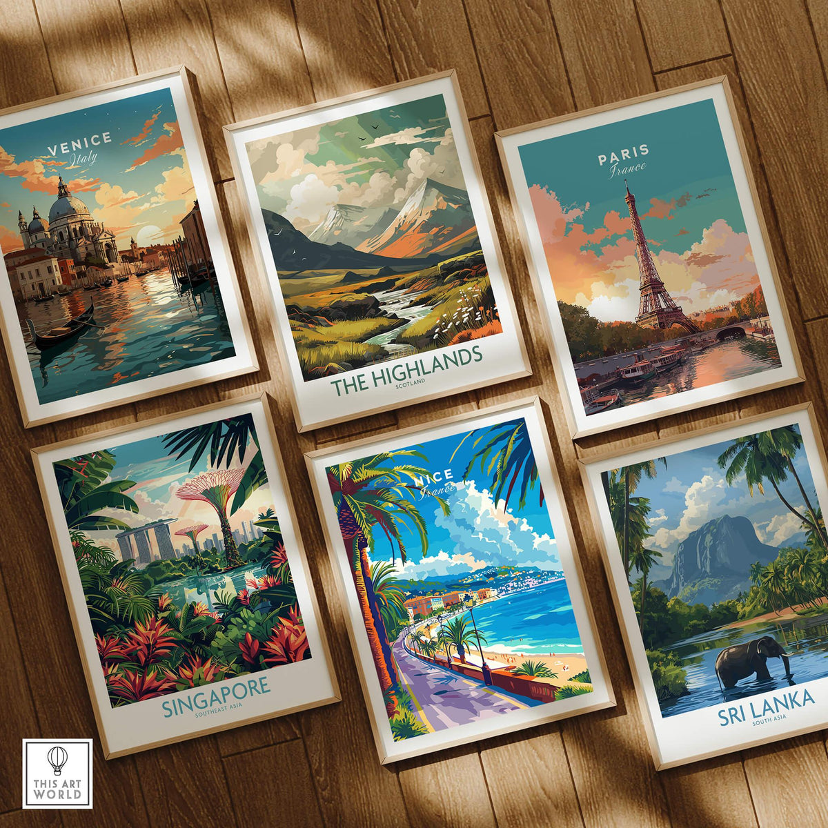 Collection of travel posters including Nice Print - France, Venice, Singapore, and Sri Lanka.