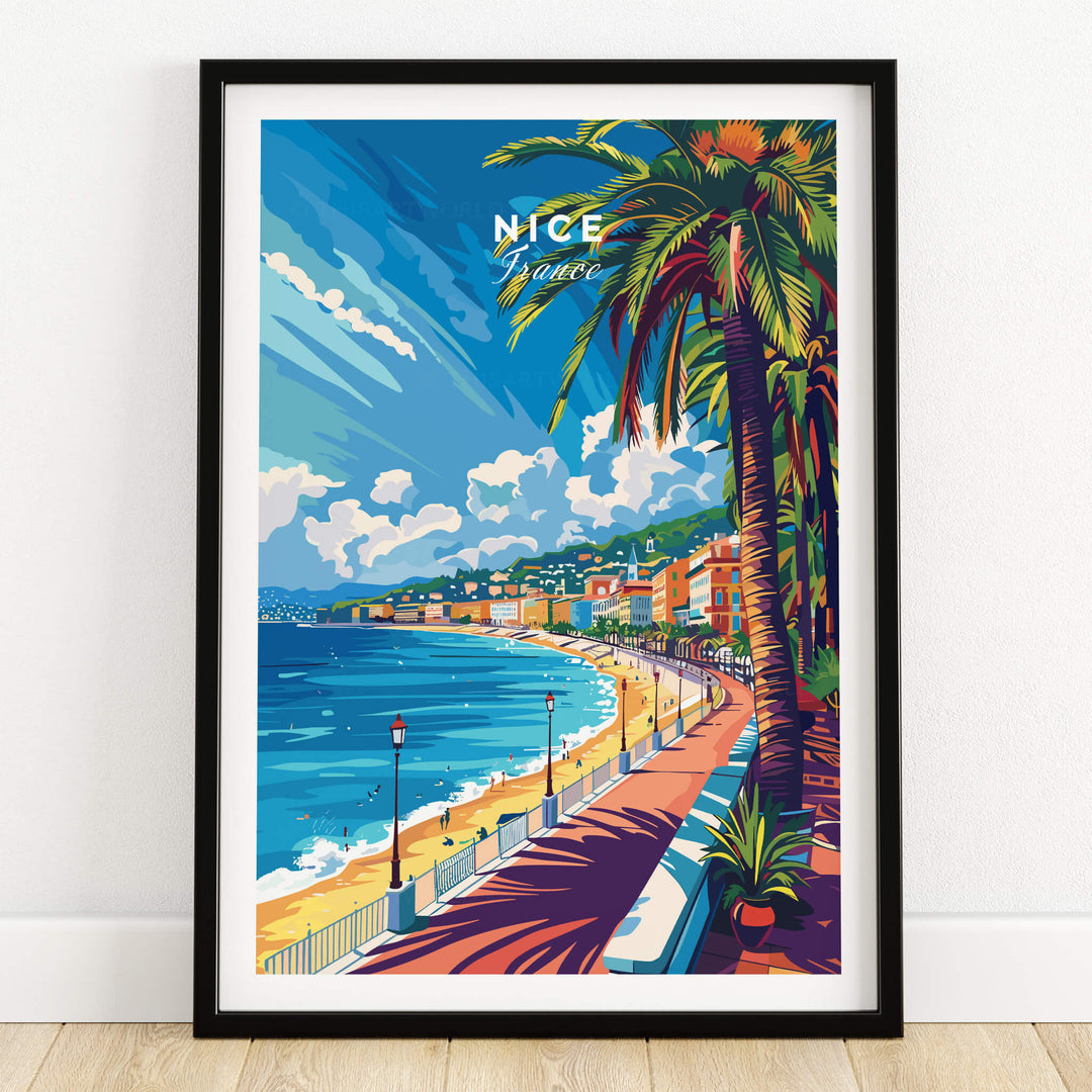 Nice Wall Art Print - France featuring a vibrant coastal scene with palm trees and the Mediterranean Sea.